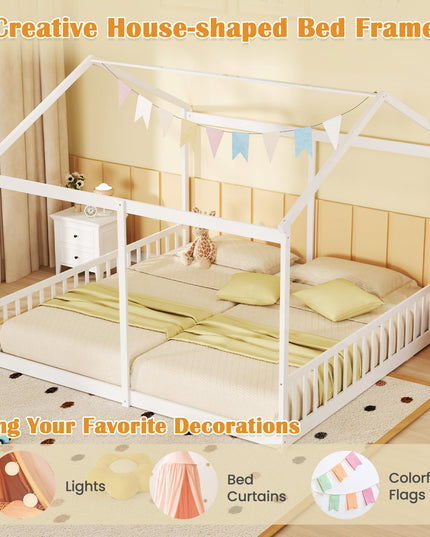 Giantex Double Twin Floor Beds for 2 Kids, Wood Twin Size House Beds with Safety Guardrails, White