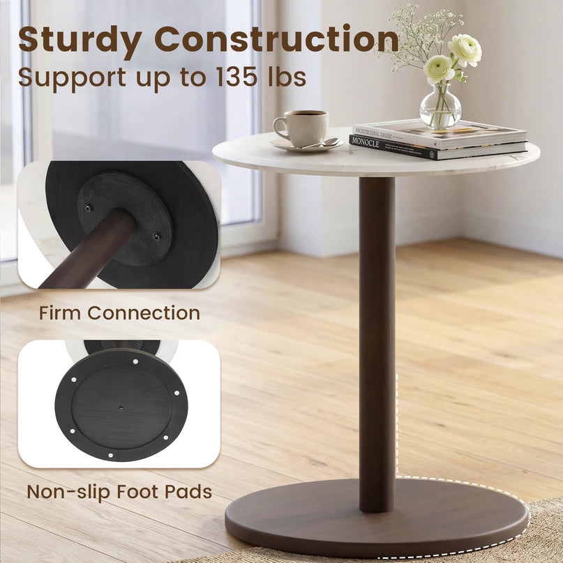 Giantex Round Marble Side Table w/Stone Finish & Wooden Pedestal (1/2)