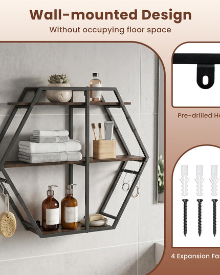 GIANTEX Industrial Hexagon Wall Shelf with 3-Tier Storage Shelves & 4 Hooks