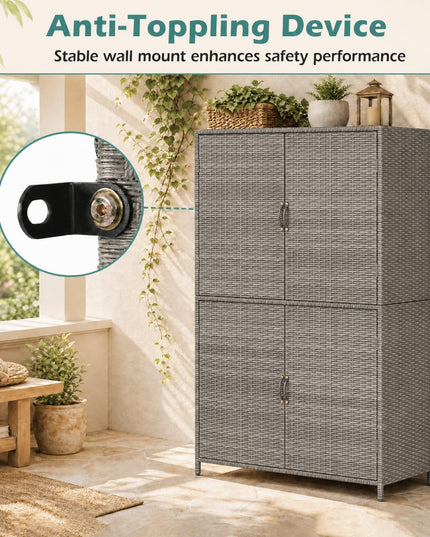 GIANTEX 4-Door PE Rattan Outdoor Storage Cabinet w/ Adjustable Shelves & Anti-Toppling Device