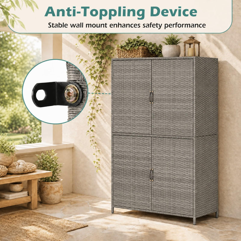 GIANTEX 4-Door PE Rattan Outdoor Storage Cabinet w/ Adjustable Shelves & Anti-Toppling Device