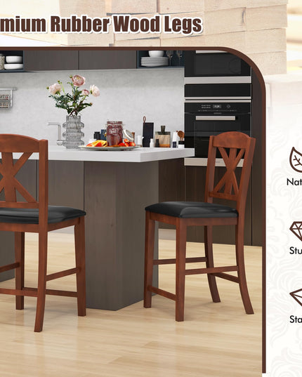 Giantex Wood Bar Stools Set, 24" Upholstered Counter Height Bar Chairs w/Hollowed High Back