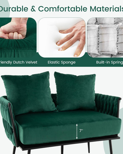 Giantex Loveseat Sofa, Upholstered 2 Seat Sofa Couch with Dutch Velvet, Woven Back and Arms, 2 Pillows