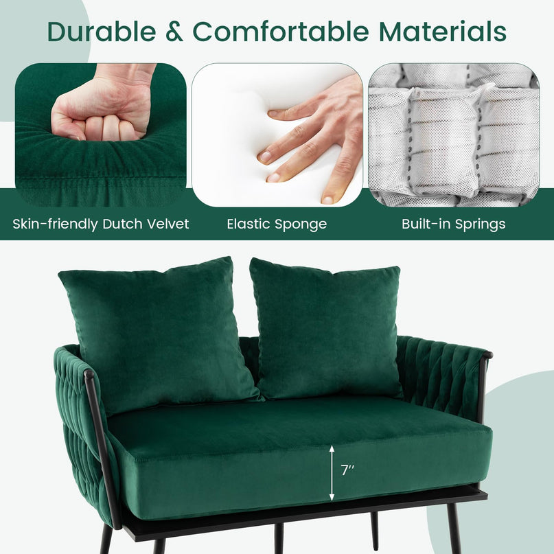 Giantex Loveseat Sofa, Upholstered 2 Seat Sofa Couch with Dutch Velvet, Woven Back and Arms, 2 Pillows