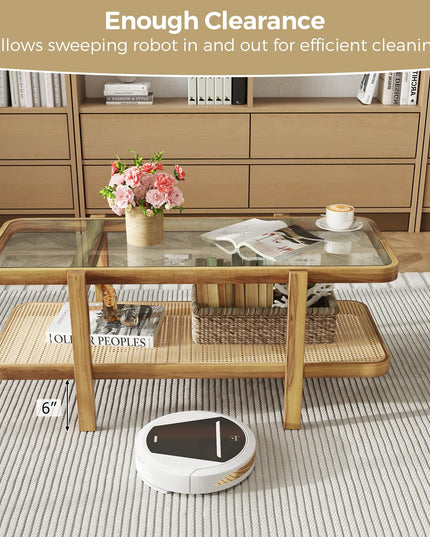 Giantex Rattan Coffee Table, 47.5" Rectangle Solid Wood Tea Table w/Tempered Glass Tabletop