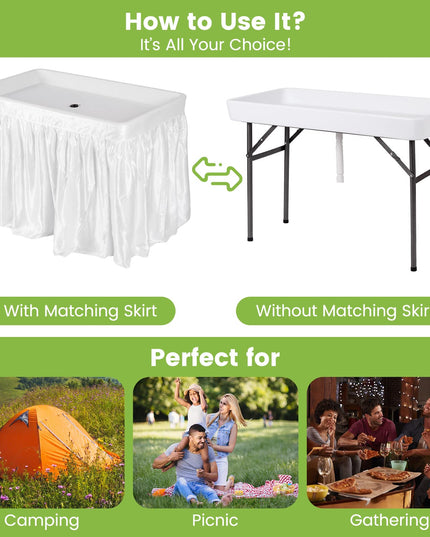 Giantex 4 FT Folding Ice Cooler Table with Drain & Bucket Removable Skirt