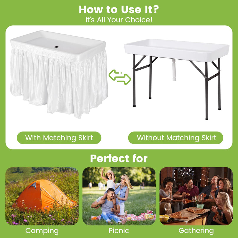 Giantex 4 FT Folding Ice Cooler Table with Drain & Bucket Removable Skirt