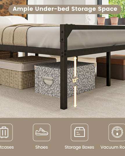 Giantex Full Size Bed Frame with Rustic Headboard & Footboard, Strong Metal Slat Support Mattress Foundation