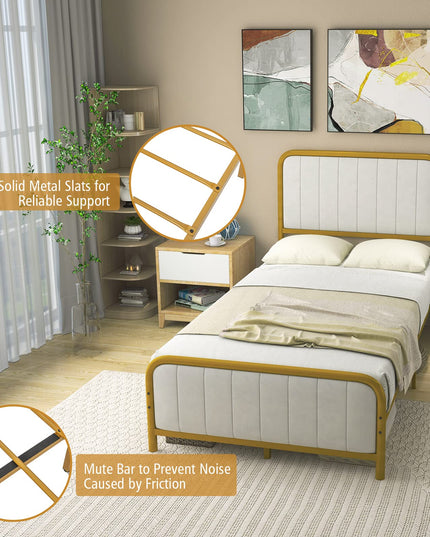 Giantex Twin Size Gold Bed Frame with Velvet Headboard and Footboard, Heavy-duty Metal Slats Support Mattress Foundation