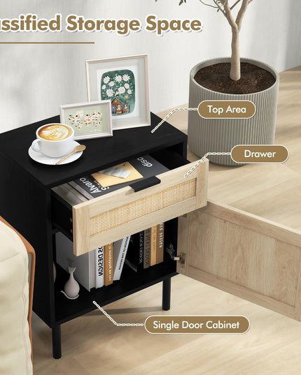 Giantex Table de Chevet en Rotin (Lot de 2), Table d'Appoint Mid-Century Moderne avec Tiroir et Armoire, Table d'Extrémité de Canapé avec Pieds en Métal Robustes