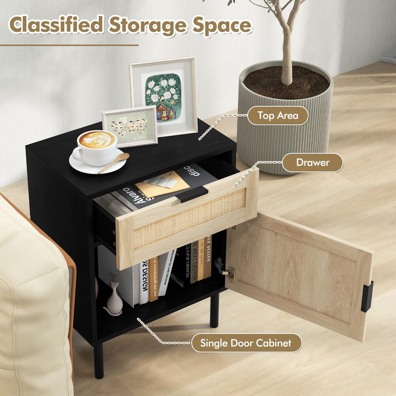 Giantex Table de Chevet en Rotin (Lot de 2), Table d'Appoint Mid-Century Moderne avec Tiroir et Armoire, Table d'Extrémité de Canapé avec Pieds en Métal Robustes