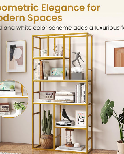 Giantex 5-Tier Bookshelf | 71" Freestanding Golden Bookcase with Open Storage Shelves