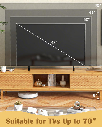 Giantex 63” Bamboo TV Stand, Entertainment Center with 3 Storage Cubes, Sliding Doors