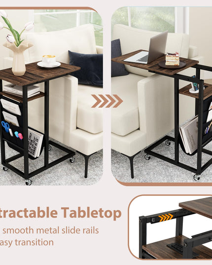 Giantex C Shaped End Table with Charging Station and Wheels