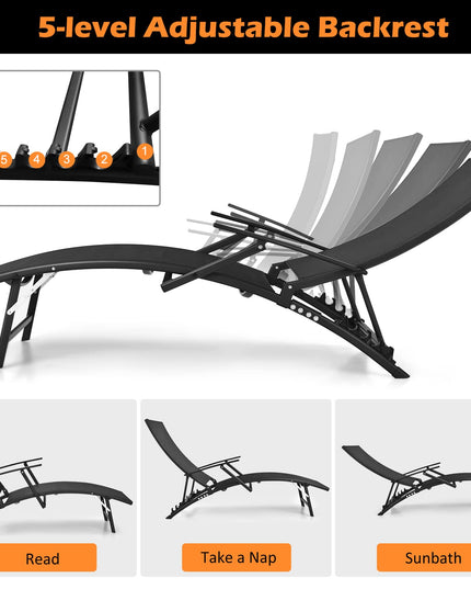 Giantex Set of 2 Patio Chaise Lounge Chairs, with 5-Level Adjustable Backrest, Armrests