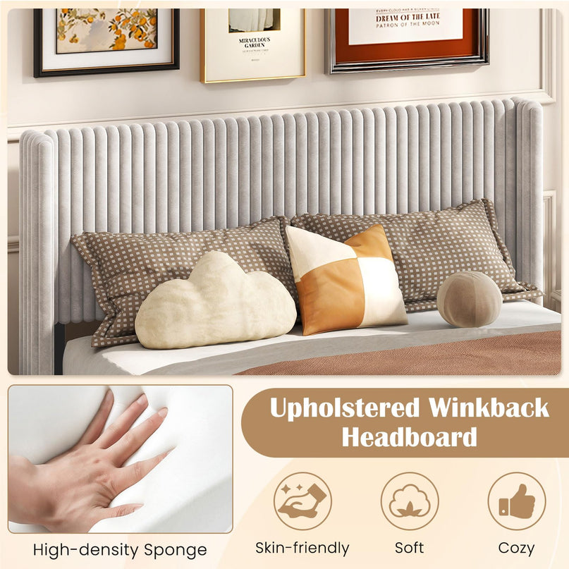 Giantex Queen Velvet Bed Frame with Vertical Tufted Wingback Headboard