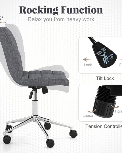 Giantex Armless Office Chair, Linen Fabric Vanity Chair with Wheels & Adjustable Height, 360° Rolling Swivel Task Computer Chair