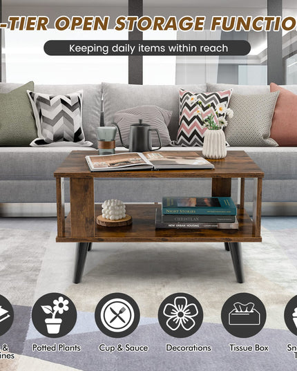 Giantex Retro Wood Coffee Table, 2-Tier Tea Table w/Open Storage Shelf & Supportive Legs