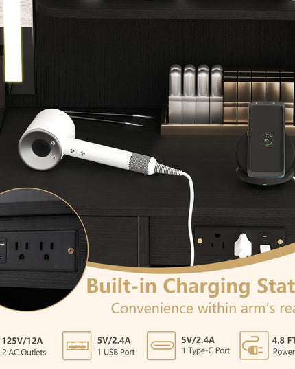 CHARMAID Vanity Desk with Charging Station and Storage Stool for Bedroom