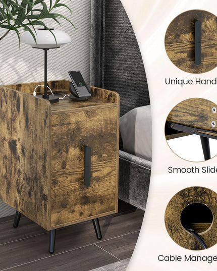 Giantex Nightstand with Charging Station, Narrow End Table with 2 Drawers & Metal Gold Legs