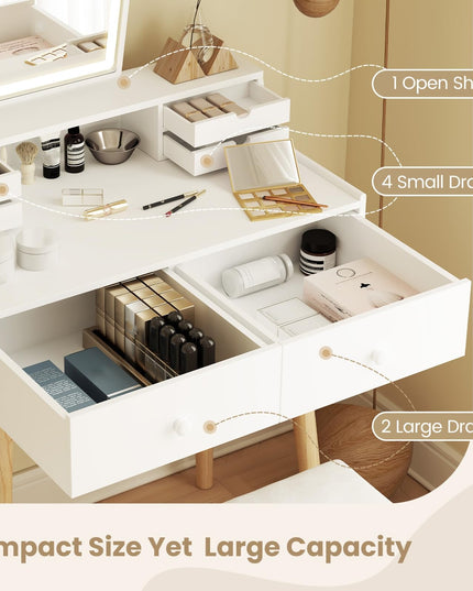 Small Vanity Desk with Mirror and Lights, White Makeup Vanity Desk with 6 Drawers