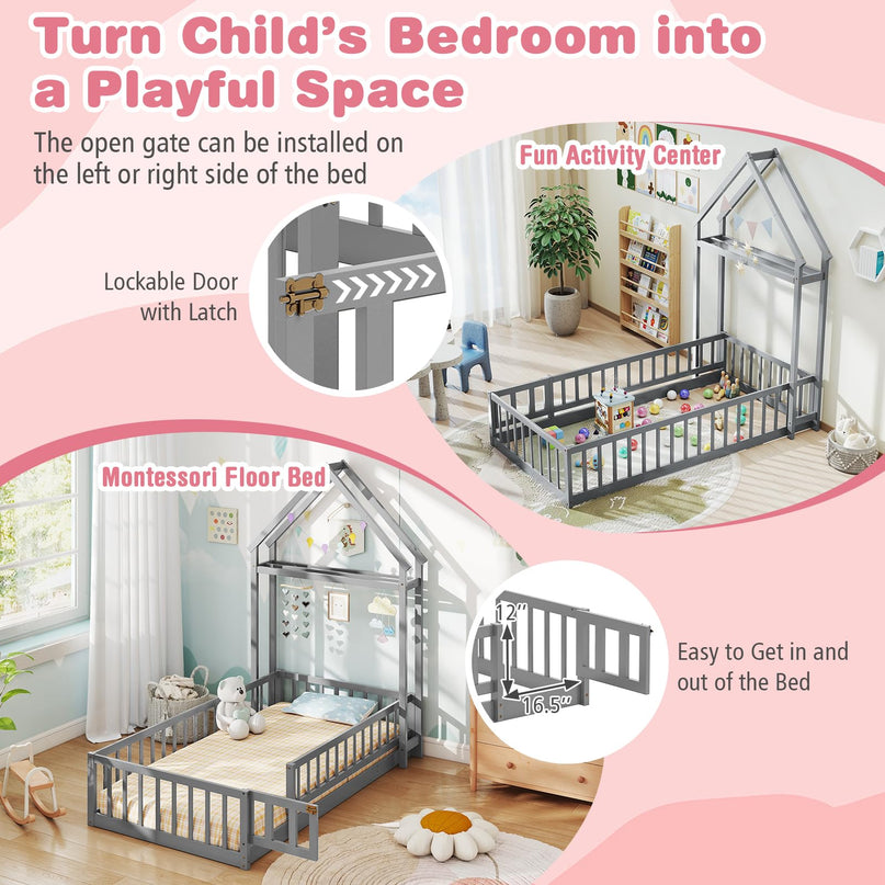 Giantex Twin House Floor Bed for Kids for Girls or Boys