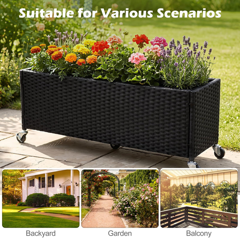 GIANTEX Wicker Raised Garden Bed w/Wheels for Vegetable Flower Herb Porch Balcony