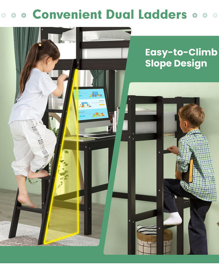 Giantex Twin Size Loft Bed with Desk, Solid Wood Loft Bed with 2 Ladders & Full Length Guardrail