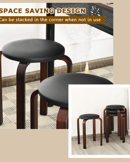 4-Pack Bentwood Stack Stools, 18.5-Inch Portable Stools with PU Leather Round Top, Non-Slip Foot Mats