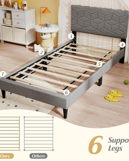 Lit plateforme moderne Giantex avec tête de lit géométrique en tissu de lin | Pas besoin de sommier tapissier