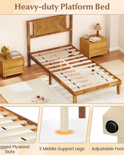 Lit plateforme Giantex Mid-Century Modern en bois d'acacia avec tête de lit et support à lattes en bois