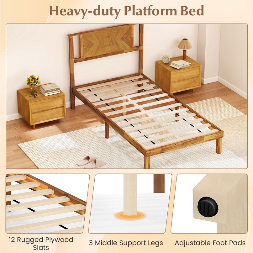 Giantex Mid-Century Modern Acacia Wood Platform Bed with Headboard & Wooden Slats Support