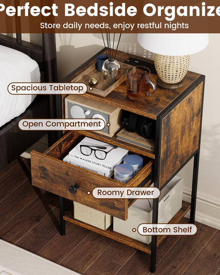Giantex Night Stand with Charging Station for Bedroom Small Spaces