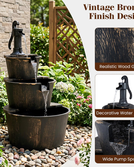 Giantex 37" 3-Tier Barrel Waterfall Fountain with Electric Pump