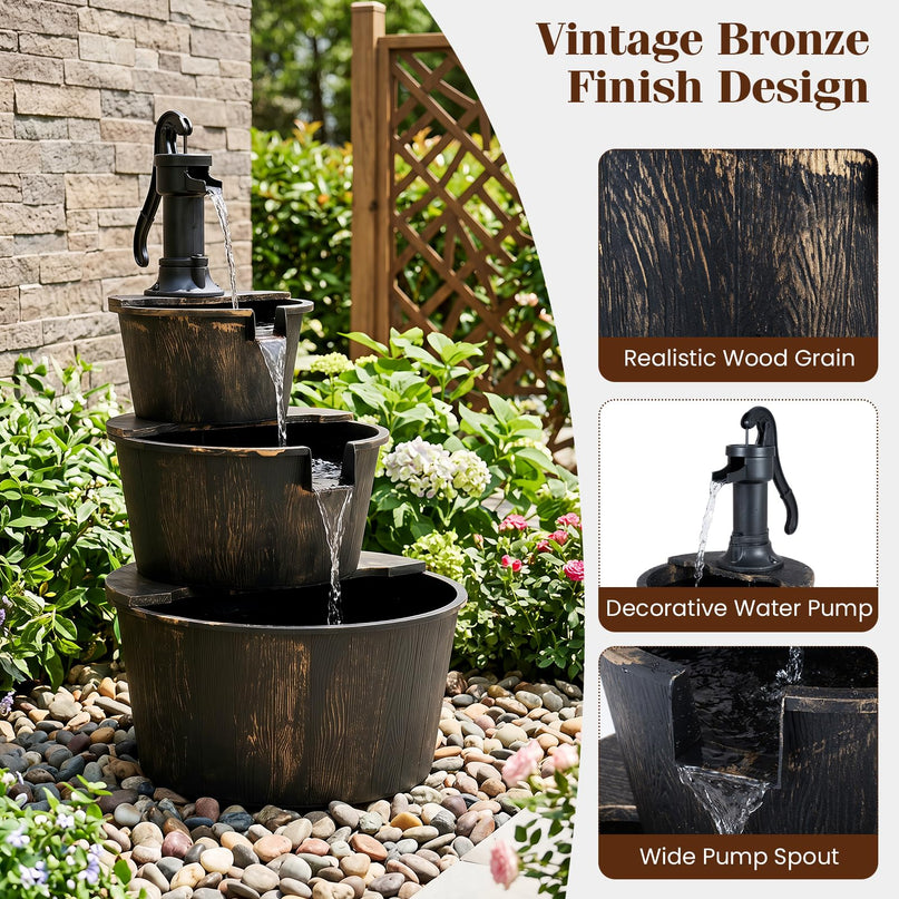 Giantex 37" 3-Tier Barrel Waterfall Fountain with Electric Pump