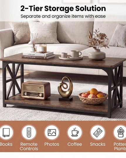 Giantex Farmhouse Coffee Table | 43" Center Table with Storage & X-Shaped Frames