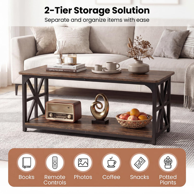 Giantex Farmhouse Coffee Table | 43" Center Table with Storage & X-Shaped Frames