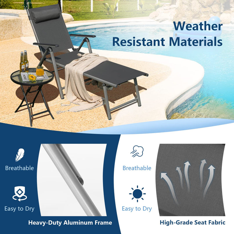 Giantex Chaise Lounge Outdoor Chair- Patio Folding Lounge Chair with Wheels, 7 Adjustable Level