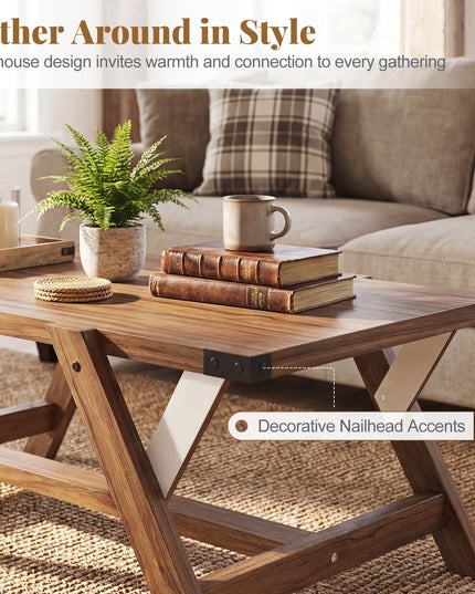 Giantex 35.5" Farmhouse Coffee Table with Decorative Nailhead Accents & Robust Frame