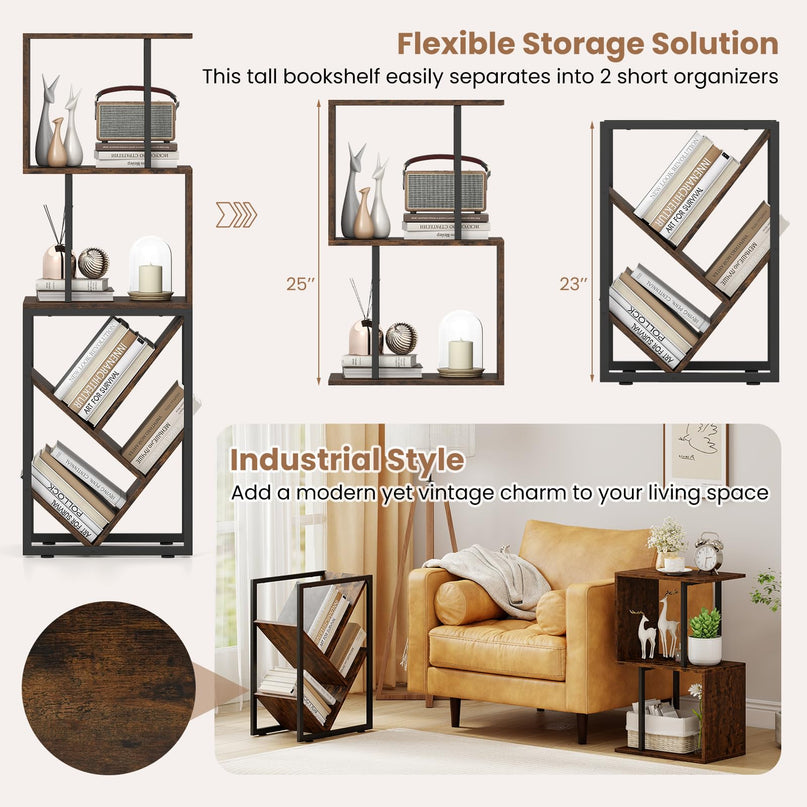 Giantex 6-Tier Industrial S-Shaped Geometric Bookcase with Open Display Shelves
