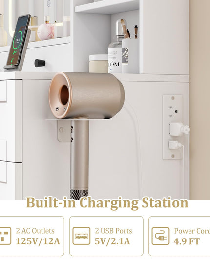 CHARMAID Makeup Vanity Table with Charging Station | White Bedroom Dressing Table with Chair