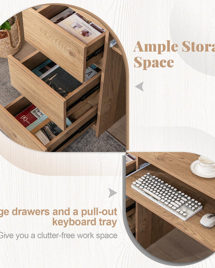 Giantex Computer Desk with Power Outlet, Modern Office Desk with Keyboard Tray & 3 Large Drawers