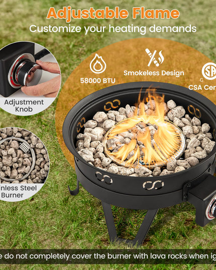 Giantex Portable Propane Fire Pit, 17" Small Outdoor Fire Bowl with Foldable Legs, Round Fireplace with Lid