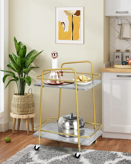 Giantex Gold Bar Cart, Island Service Cart, 2 Tier Storage Shelves with Guardrail for Dining Room Wine Coffee Bar