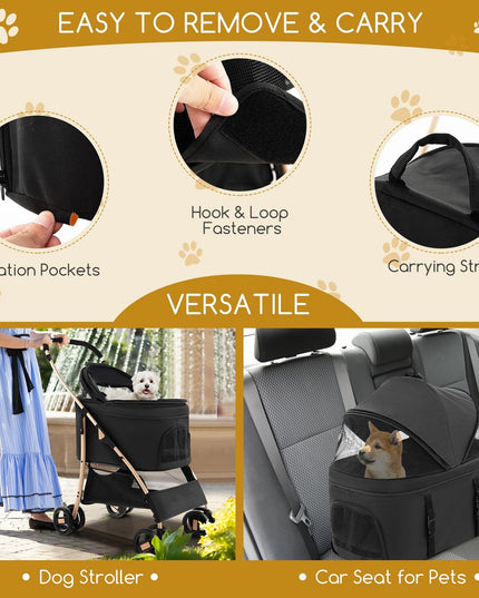 Giantex Pet Stroller 3-in-1, Folding Dog Stroller Detachable Carrier Car Seat (Black & Gold)