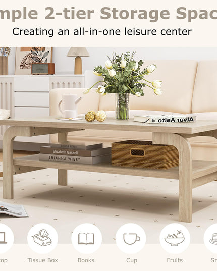 Giantex 2-Tier Coffee Table with Storage, 47” Mid Century Rectangle Accent Table with Open Shelf