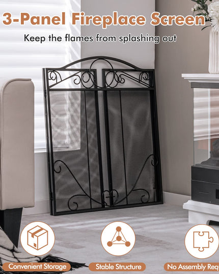 Giantex Foldable 3-Panel Fireplace Screen Black - 50x29 Inch No Assembly Required Freestanding Steel Mesh Fire Screen