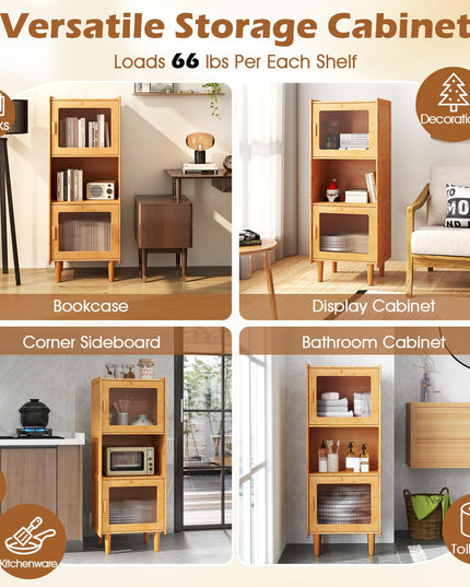 Giantex Bamboo Storage Cabinet, 3-Cube Bookcase, Freestanding Liquor Display Sideboard with 2 Single Doors