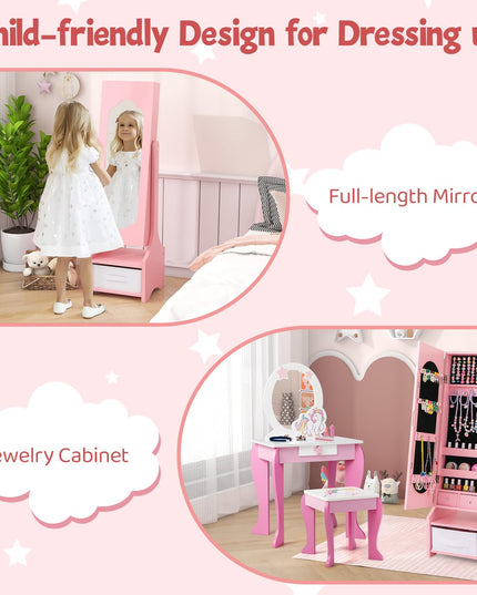 CHARMAID Kids Mirror Jewelry Armoire Cabinet - Standing jewelry Organizer for Girls