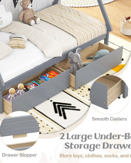 Giantex Twin Bed Frame with 2 Storage Drawers, Wood House Tent Platform Bed Frame with Triangle Structure